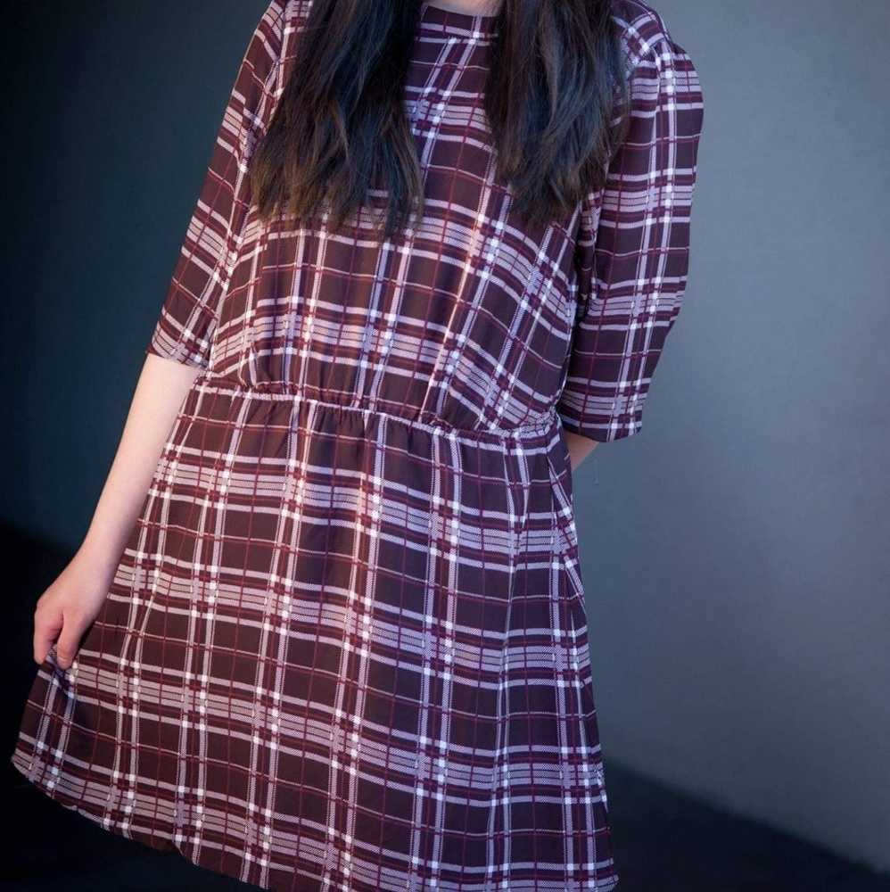F21 Purple Plaid Dress w/ Quarter Sleeves